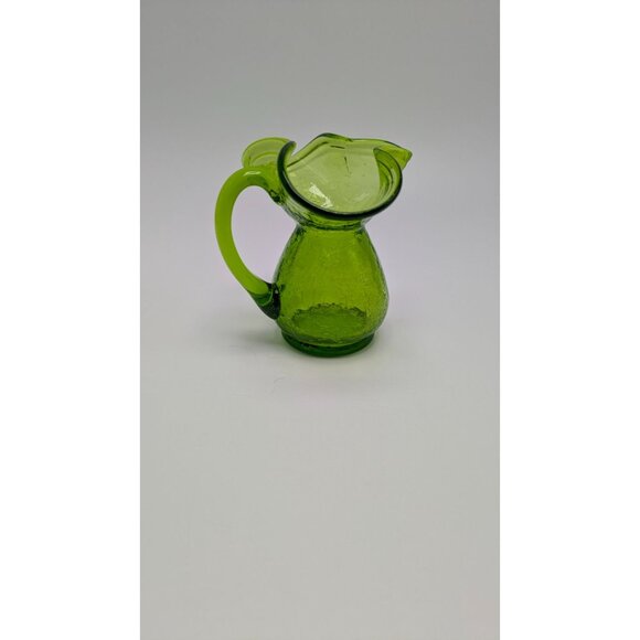 Handblown Crackle Green Glass Pitcher Creamer Vase Vintage Decor Piece - Picture 5 of 8